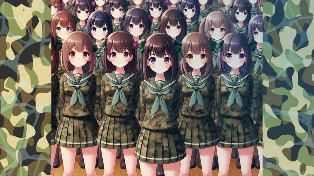 ユニフォームカテゴリのアイキャッチ。ミリタリー柄のセーラー服を着用した女子高生が整列している。