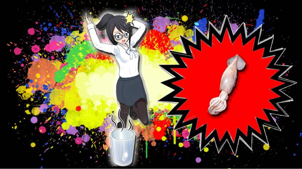 イカ臭いコップに驚く女性のイラスト。